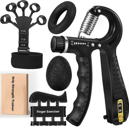 5-In-1 Complete Grip Strength Trainer Kit, Adjustable 11-132Lbs Hand Grip Strengthener, Finger Exerciser & Wrist Forearm Workout Equipment for Home Gym, Fitness, Rock Climbing, Athlete Training & Injury Recovery